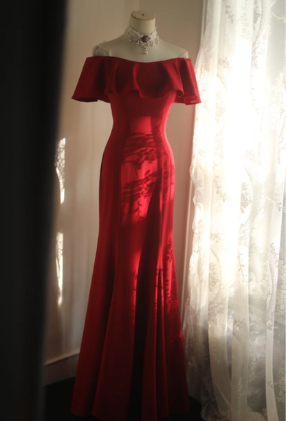 Elegant Off The Shoulder Red Satin Mermaid Evening Dress Long Wedding Guest Dress SP668