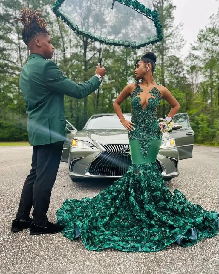 Luxurious Green Mermaid Evening Dress 3D Flowers,Pageant Dress Y6356