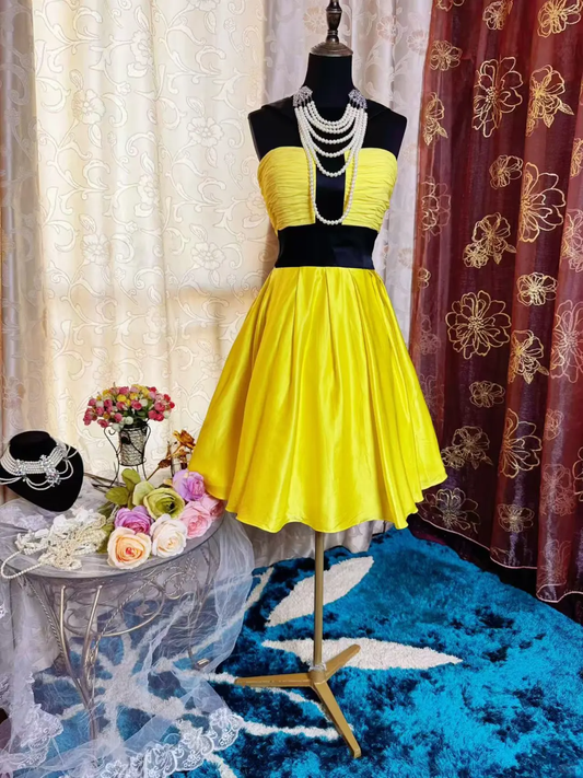 Sexy Yellow Black Splicing Satin A Line Short Homecoming Dress Cocktail Dress Y9758