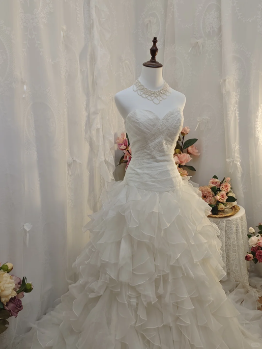 Pretty Strapless White Tulle Ruffles Long Wedding Dress Formal Bridal Dress SP2161