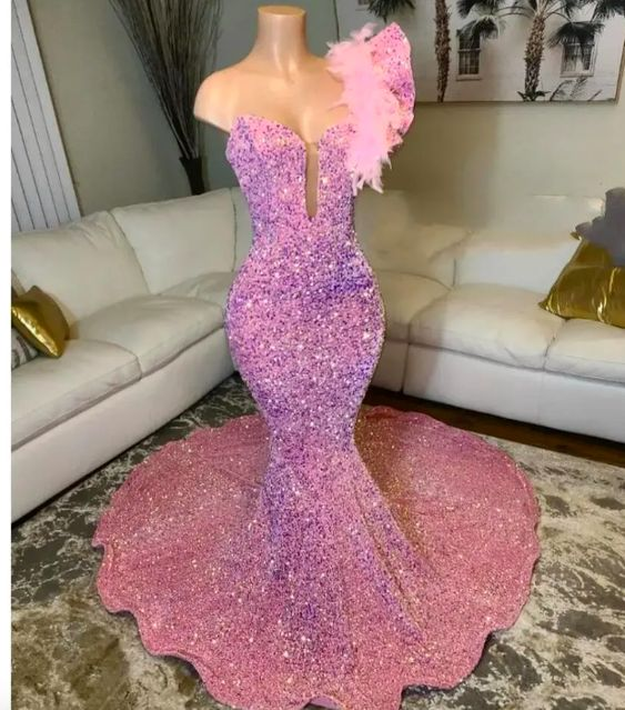 Pink Mermaid Prom Dress Glitter Sequins Beaded Feather One Shoulder Ev Simplepromdress Pink Mermaid Prom Dress Glitter Sequins Beaded Feather One Shoulder Ev Simplepromdress