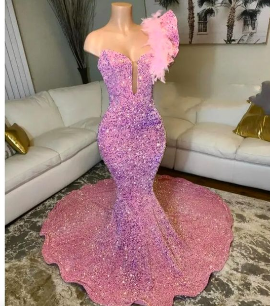 Pink Mermaid Prom Dress Glitter Sequins Beaded Feather One Shoulder Evening Reception Birthday Engagement Gowns Y6672