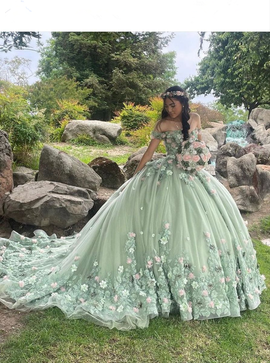 Luxury Green Princess Quinceanera Dresses Off Shoulder 3D Flowers Appl – Simplepromdress