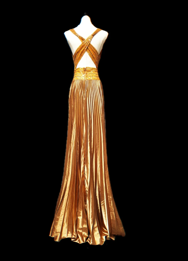 Elegant Gold V Neck Satin Pleated Backless Evening Dress Mermaid Long Birthday Outfits SP609