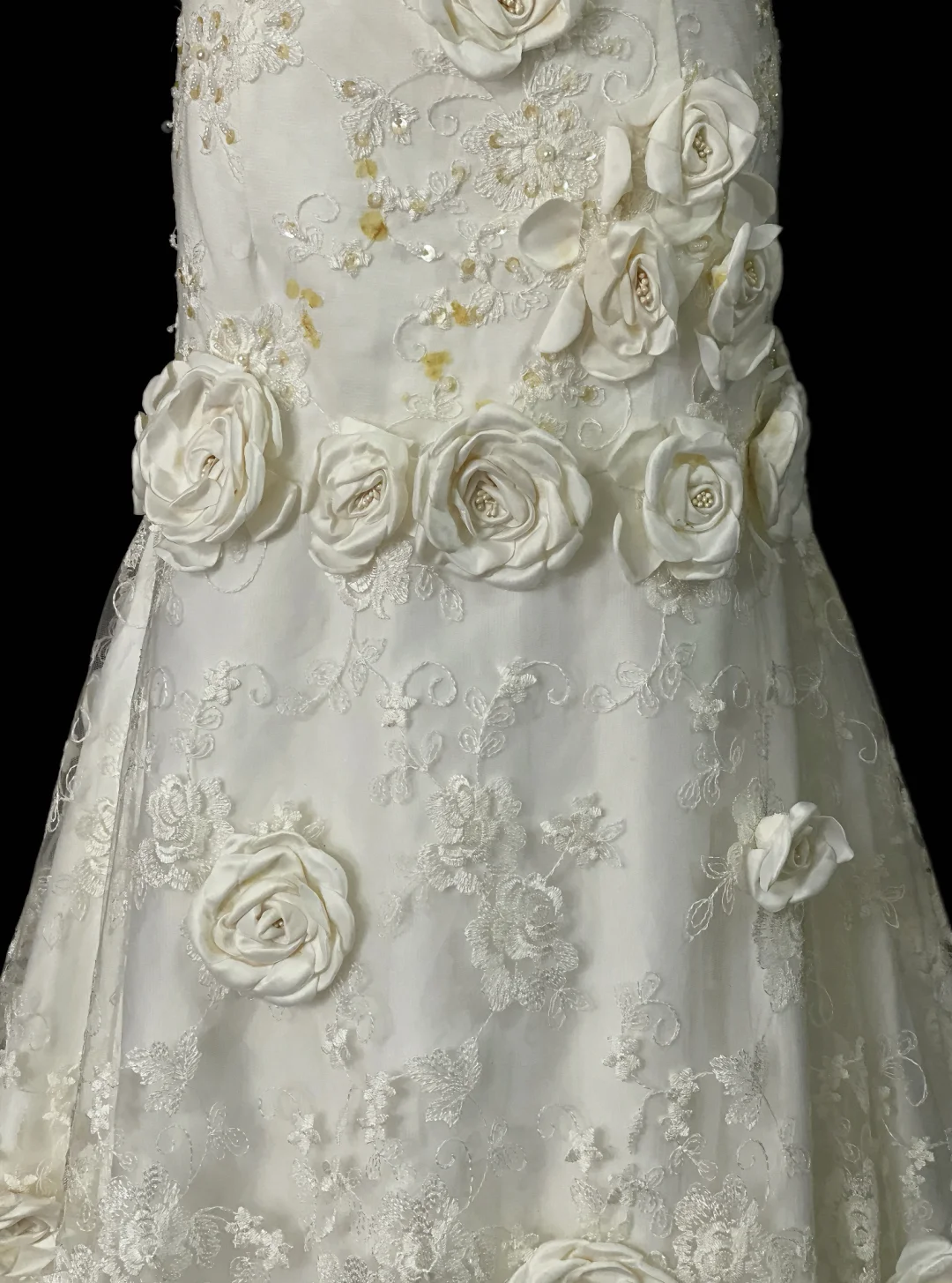 Pretty Strapless Off White Satin Lace 3D Floral Mermaid Long Wedding Dress SP4065