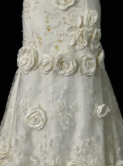 Pretty Strapless Off White Satin Lace 3D Floral Mermaid Long Wedding Dress SP4065