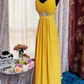 Vintage V Neck Yellow Chiffon Beaded A Line Long Party Dress Prom Dress SP1951