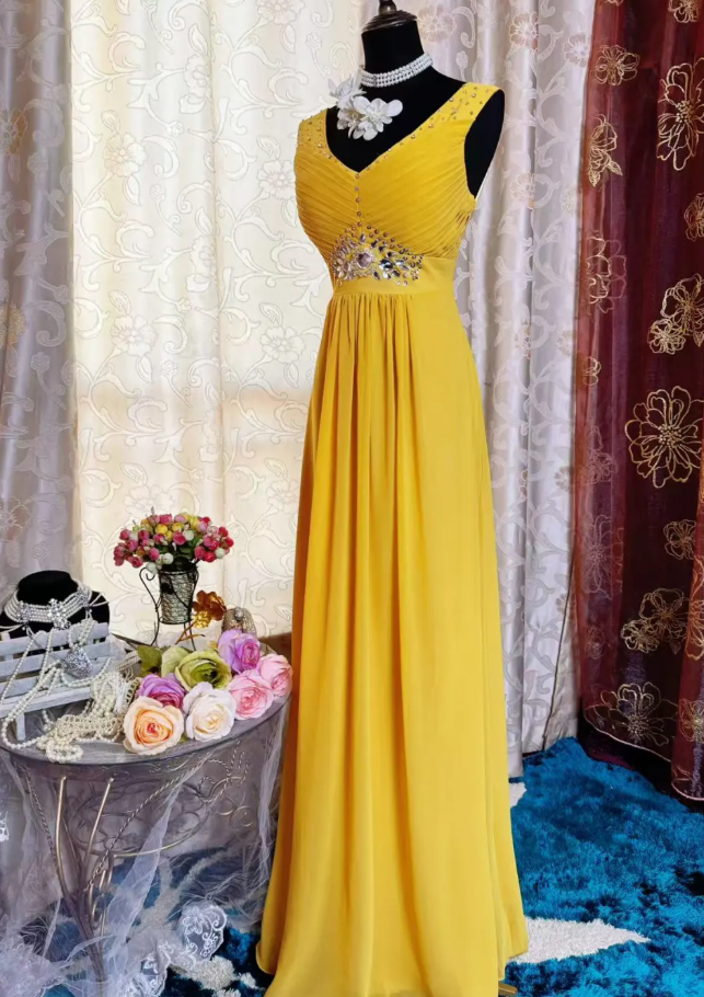 Vintage V Neck Yellow Chiffon Beaded A Line Long Party Dress Prom Dress SP1951