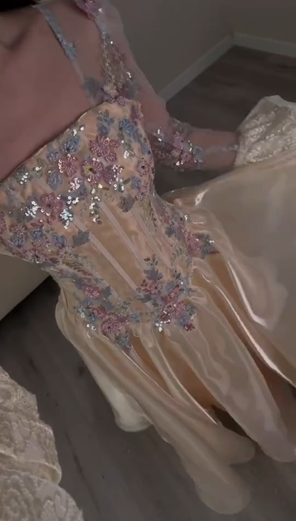 Charming Tulle Sequin Floral A Line Long Party Dress Light Champagne Birthday Dress Prom Gown SP2271