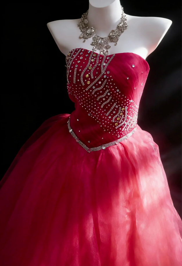 Pretty Rose Red ball Gown Strapless Tulle Beaded Long Birthday Prom Dress Evening Gown SP1846