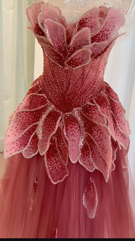 Gorgeous Strapless Ombre Tulle Sequin Beaded Petals Long Prom Dress Party Gown SP495