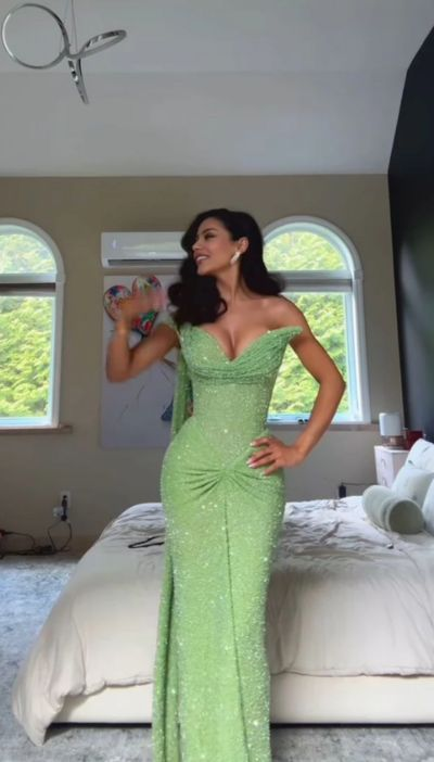 Charming Off The Shoulder Sage Green Sequin Sheath Long Party Dress Prom Gown SP2455