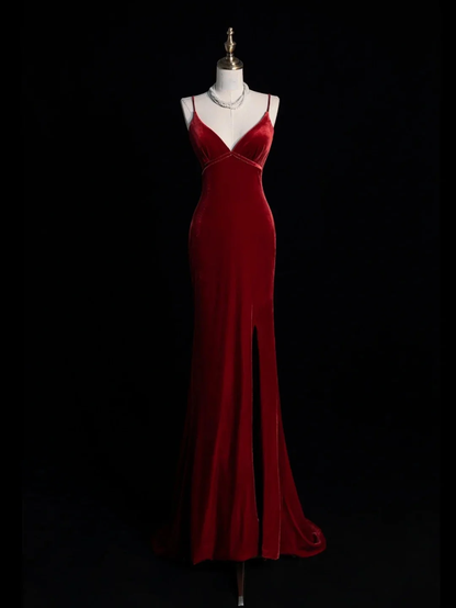 Sexy Spaghetti Strap Velvet Long Wedding Guest Dress Red Mermaid Long Party Dress SP4103