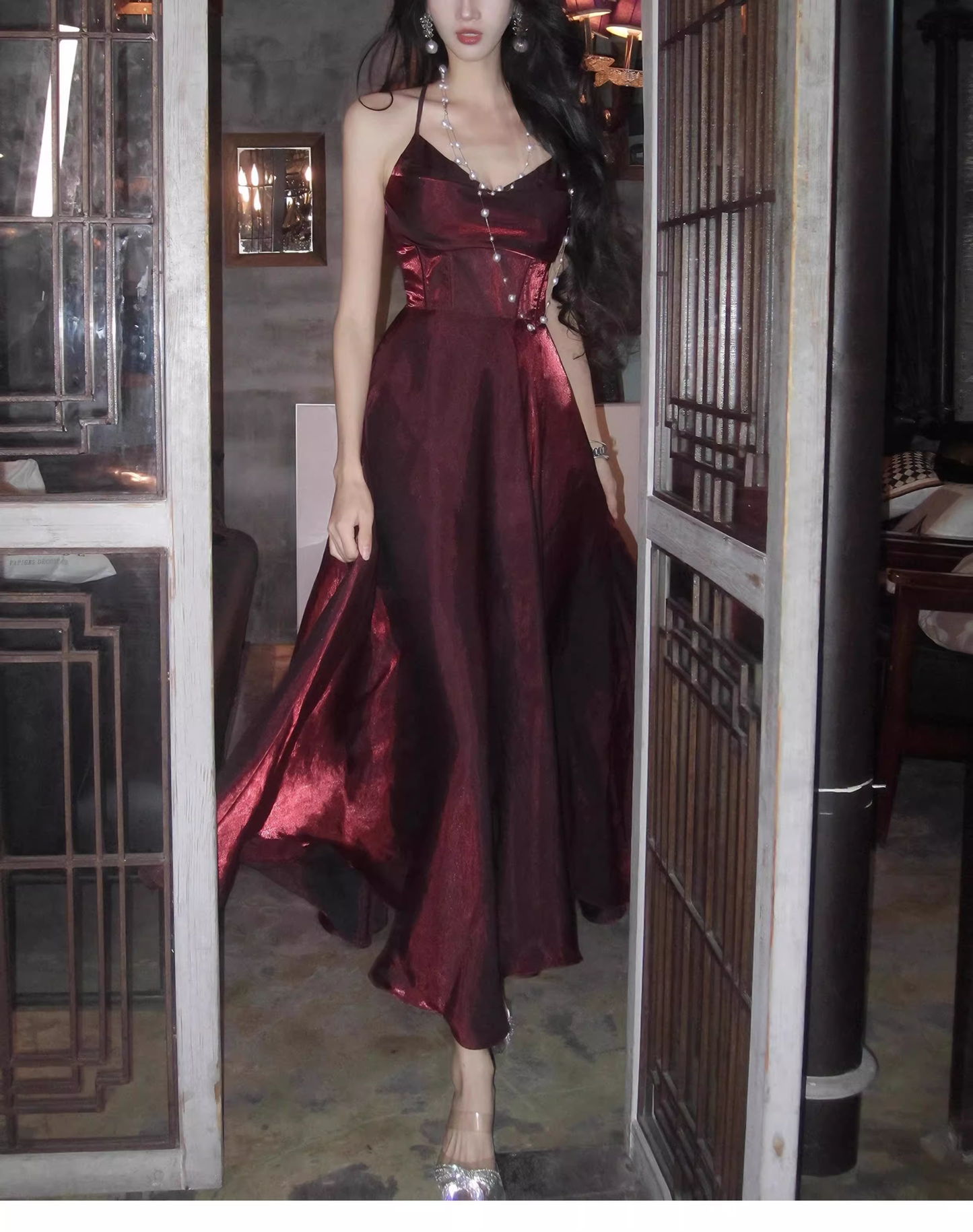 Elegant Burgundy V Neck Satin A Line Long Party Dress Birthday Dress SP1987