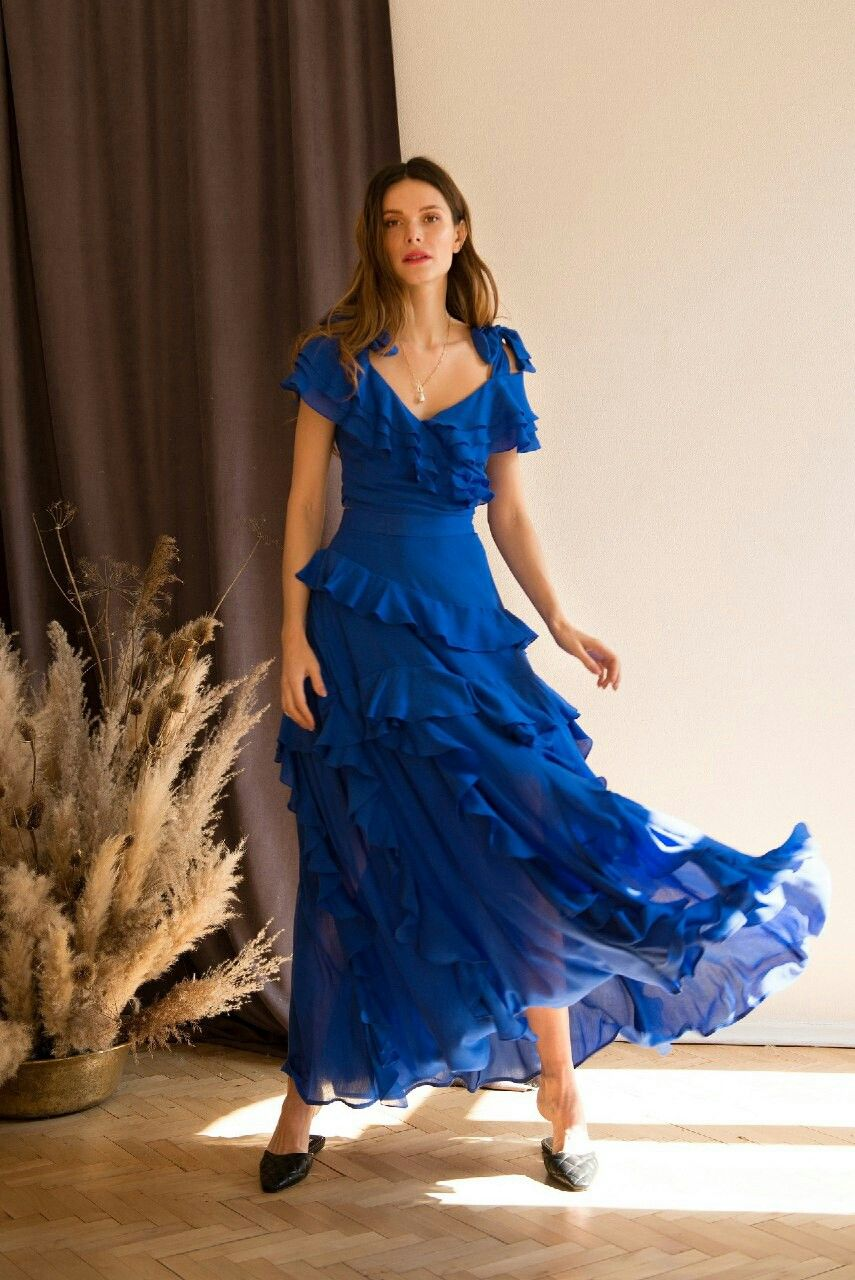 Chic V Neck Chiffon Royal Blue Ruffles A Line Party Dress Long Wedding Guest Dress SP2317