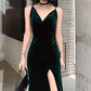 Simple V Neck Dark Green Velvet Long Prom Dresses, Dark Green Velvet Formal Graduation Evening Dresses Y2926