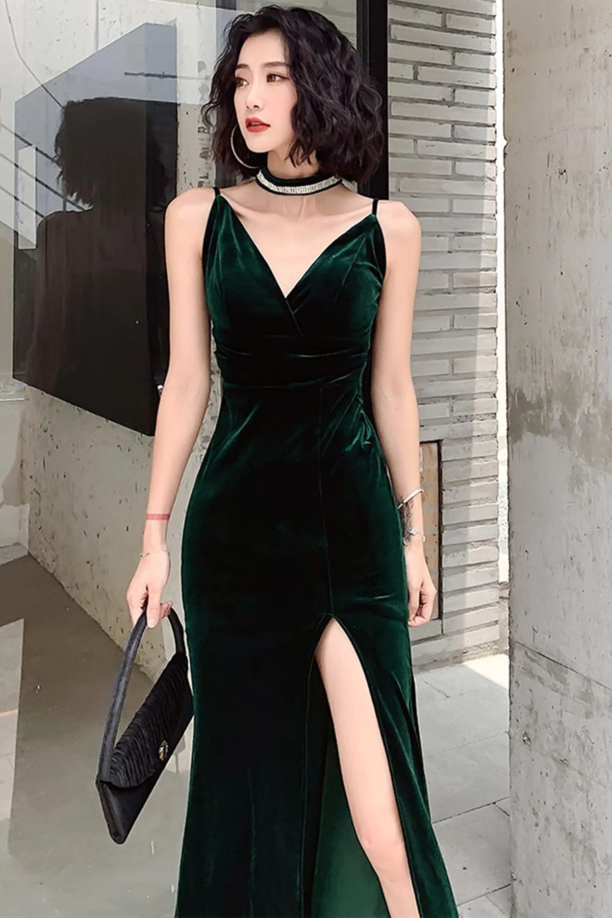 Simple V Neck Dark Green Velvet Long Prom Dresses, Dark Green Velvet Formal Graduation Evening Dresses Y2926