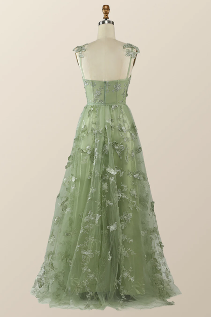 Sage Green Butterfly A-line Long Formal Dress Evening Dress  Y2801