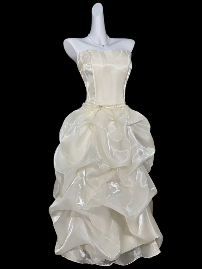 Classy Light Champagne Strapless Organza Pleated Long Prom Dress Party Dresses SP3536