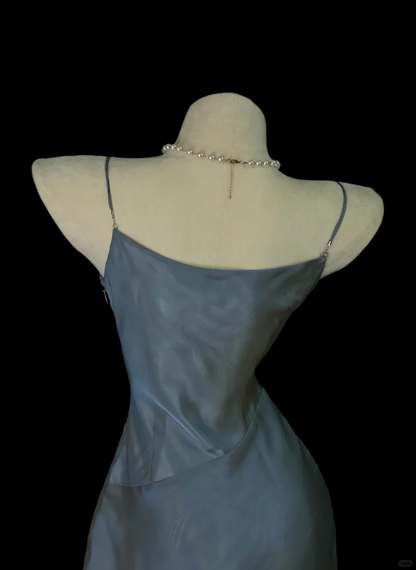 Vintage Spaghetti Straps Satin Tulle Beaded Mermaid Long Prom Dress Dark Dusty Blue Long Party Dress SP4042