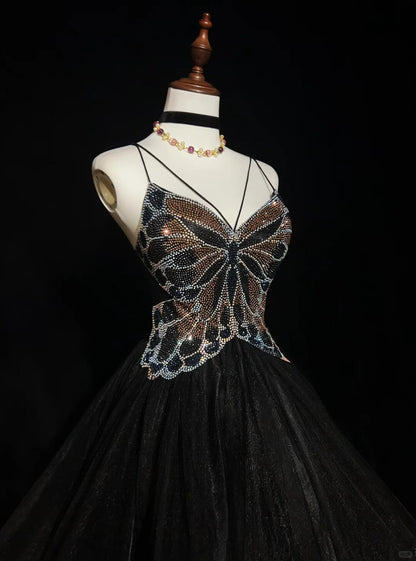 Sexy Black Tulle Beaded A Line Short 7th Grade Homecoming Dress,Spaghetti Straps Mini Prom Dress SP2922
