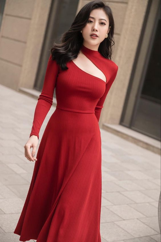 Red A-line Long Sleeves Prom Dress,Red Party Gown Y7096