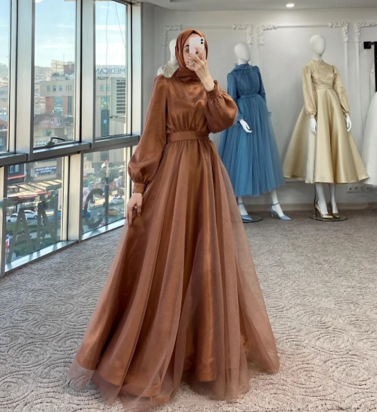 Modest A-line Navy Blue Tulle Long Sleeves Prom Dress,Muslim Dress  Y5848