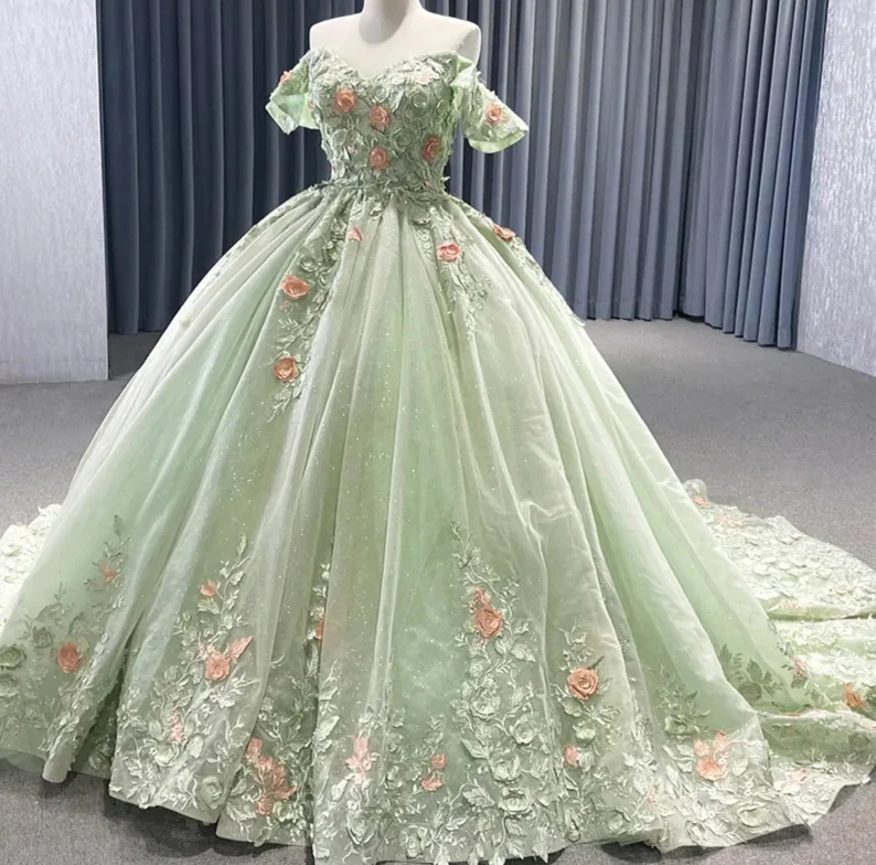 Matcha Green Off The Shoulder Floral Appliqus Shimmering Lace Up Back Simplepromdress Matcha Green Off The Shoulder Floral Appliqus Shimmering Lace Up Back Simplepromdress