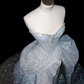 Glitter Blue Satin Sequin Beaded Mermaid Long Birthday Party Dress Prom Dresses SP1400