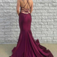 Burgundy V-Neck Lace-Up Back Trumpet Long Prom Gown Y4623