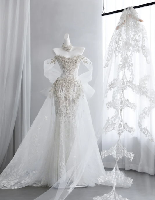 Classy Off The Shoulder White Tulle Beaded Lace Appliques Mermaid Long Wedding Dress Formal Bridal Dress SP1516
