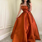 Classic Simple Strapless Prom Dresses A-Line Sleeveless Floor Length Pure Color Satin with Pleats Y4634
