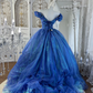 Cute V Neck Blue Tulle Beaded Ball Gown Off The Shoulder Princess Quinceanera Dress SP1445