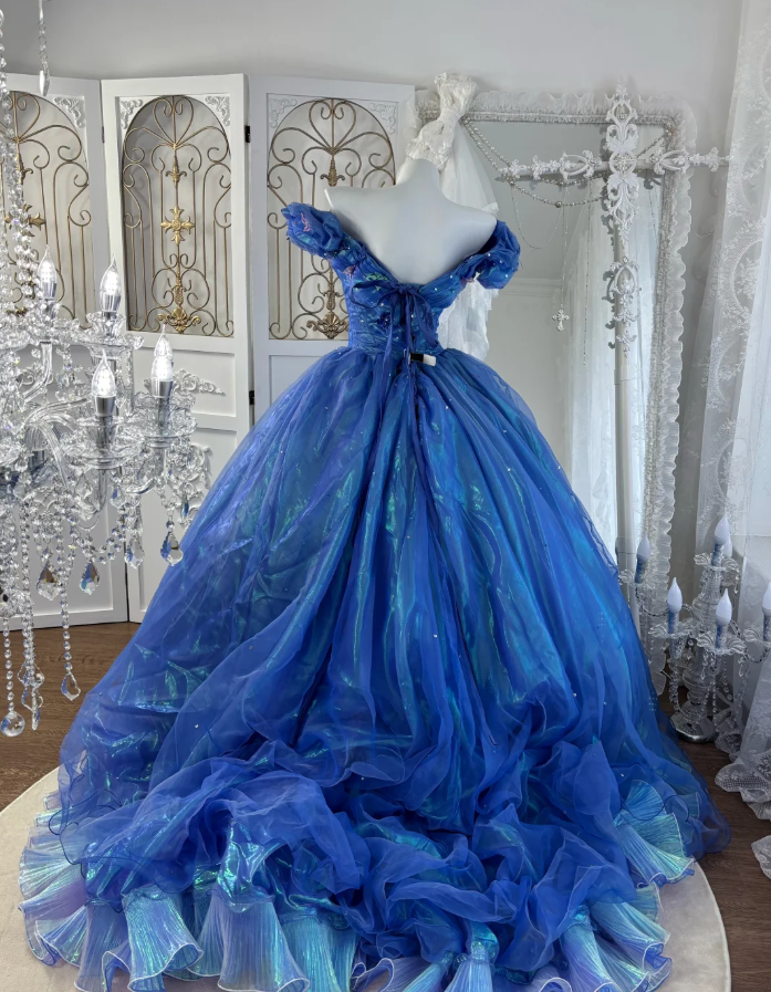 Cute V Neck Blue Tulle Beaded Ball Gown Off The Shoulder Princess Quinceanera Dress SP1445