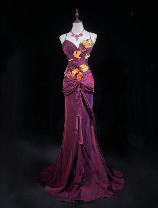 Vintage Spaghetti Straps V Neck Satin Appliques Mermaid Long Evening Dress Dark Fuchsia Prom Dress SP1785