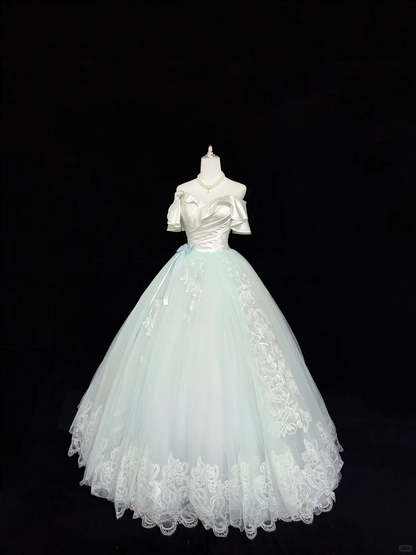 Charming Ball Gown Pastel Mint Green Off The Shoulder Tulle Appliques Long Party Dress Prom Dress SP2217