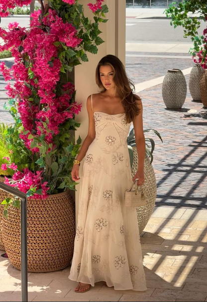 Elegant Spaghetti Straps Chiffon Sequin Flowers White Long Wedding Guest Dress Evening Gown SP789