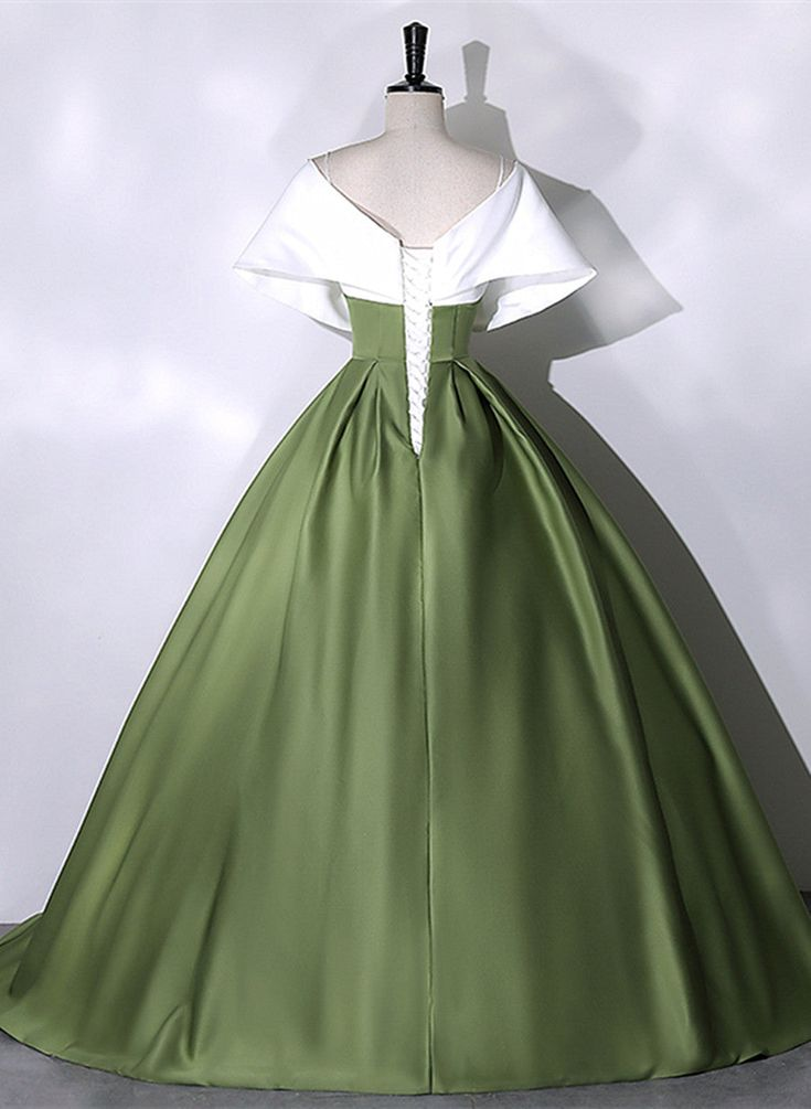 Green and White Satin Long Ball Gown Long Formal Dress Y7001