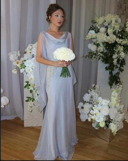 Classy Blue Chiffon Mermaid Long Wedding Guest Dress Formal Party Dress SP1034