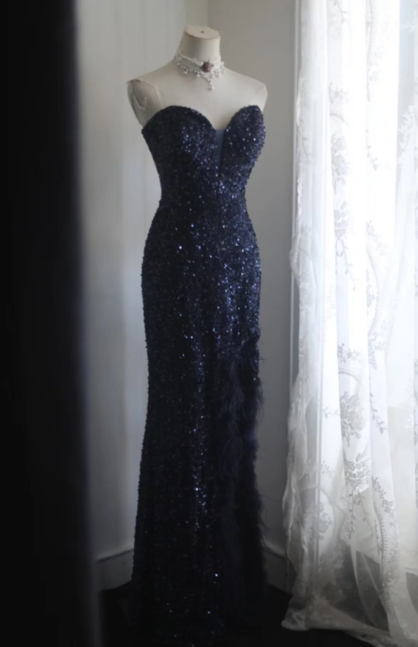 Elegant Strapless Navy Blue Sequin Feathers Slit Mermaid Evening Dress Long Birthday Prom Gown SP1172