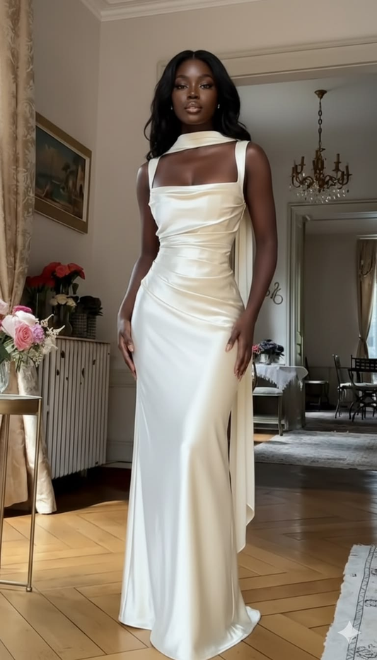 Fashion Spaghetti Strap White Satin Mermaid Party Dress Long Wedding Guest Dress With Scarf SP2197