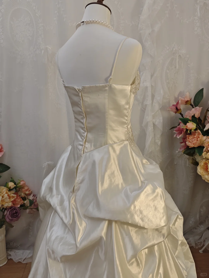 Elegant Ball Gown Spaghetti Straps White Lace Satin Pleated Long Party Dress Evening Dress SP2164