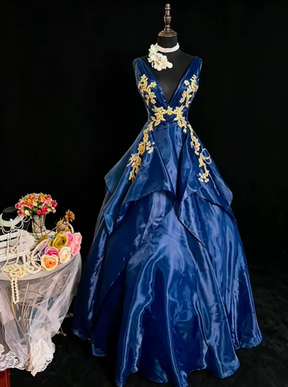 Vintage Sleeveless V Neck Ball Gown Navy Blue Tulle Appliques Evening Gown Prom Dress SP2376