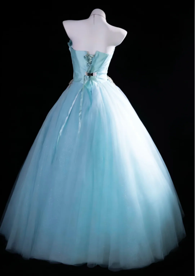 Pretty Strapless Ball Gown Blue Satin Pleated Tulle Beaded Long Evening Dress Birthday Dress SP1839