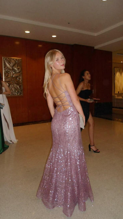 Glamorous Spaghetti Straps Tulle Sequin Long Prom Dress Pink Long Birthday Party Dress SP4022