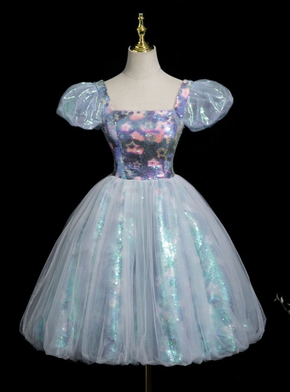 Classy Square Neck Blue Sequin Floral Tulle A Line Formal Homecoming Dress Birthday Outfits Y9886