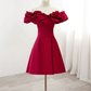 Burgundy A-Line Off Shoulder Satin Homecoming Dress ,Y2506