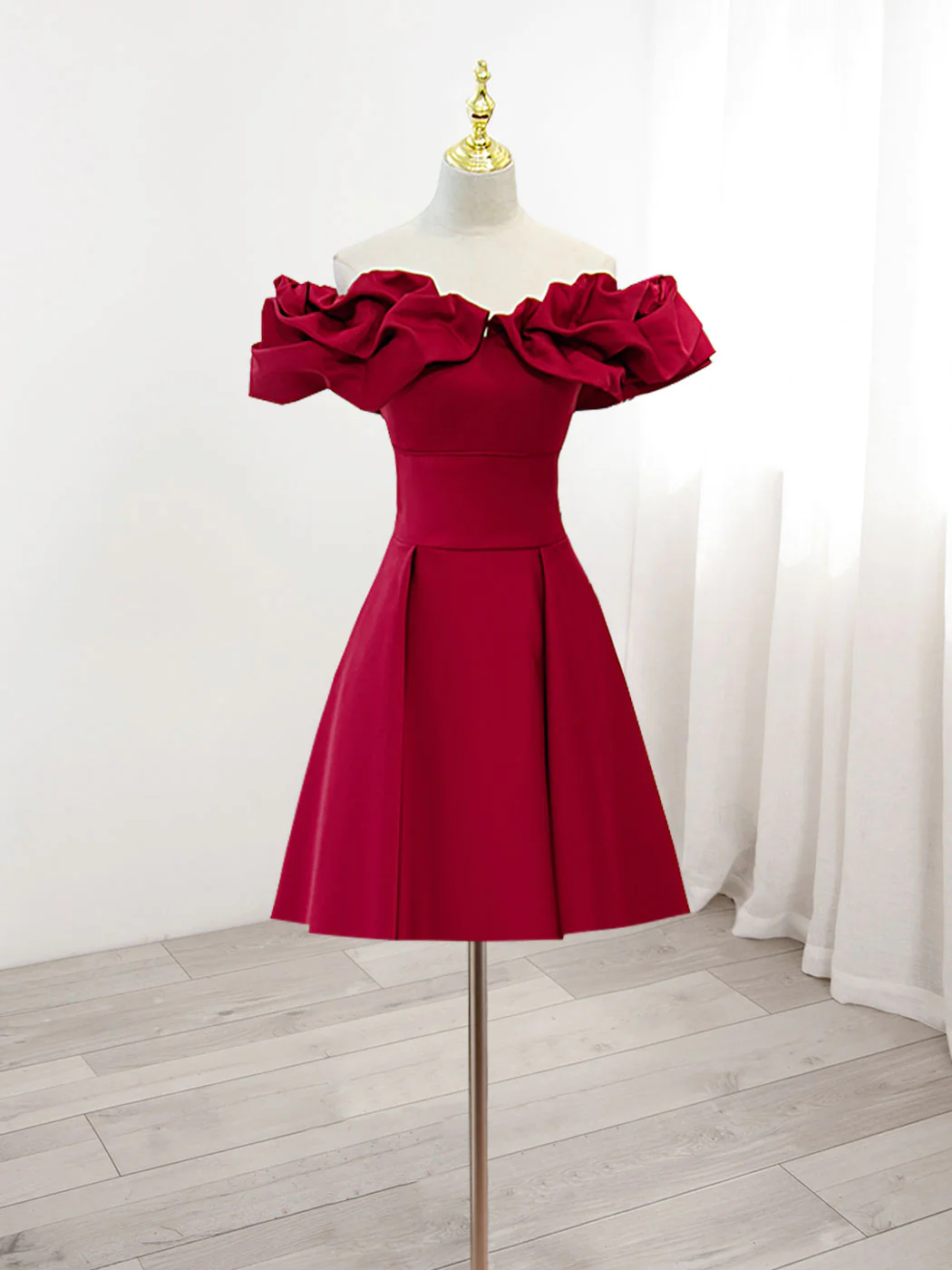 country dresses for homecoming Burgundy A-Line Off Shoulder Satin Homecoming Dress ,Y2506 – Simplepromdress