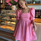 Pink A-line Square Neckline Party Dress,Pink Puff Sleeves Homecoming Dress Y7174