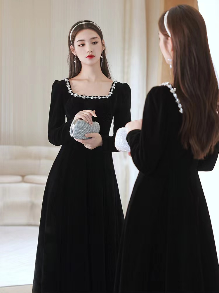 Black evening dress,high sense velvet long sleeve evening dress, custom made Y2934